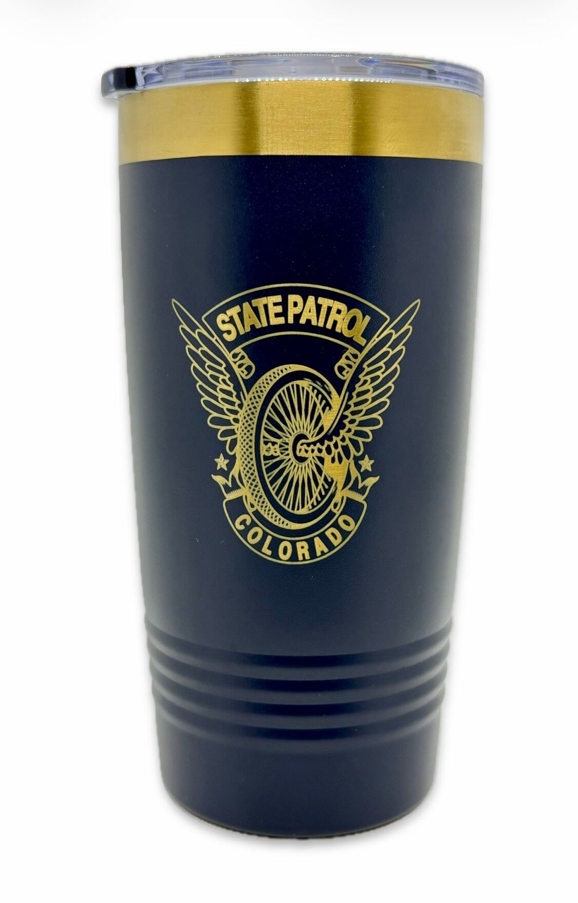 Flying Wheel Engraved Coffee Tumbler - Navy & Gold - 20 oz
